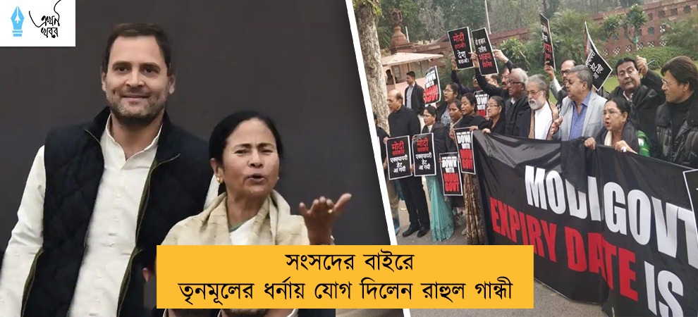 সংসদের বাইরে তৃনমূলের ধর্নায় যোগ দিলেন রাহুল গান্ধী