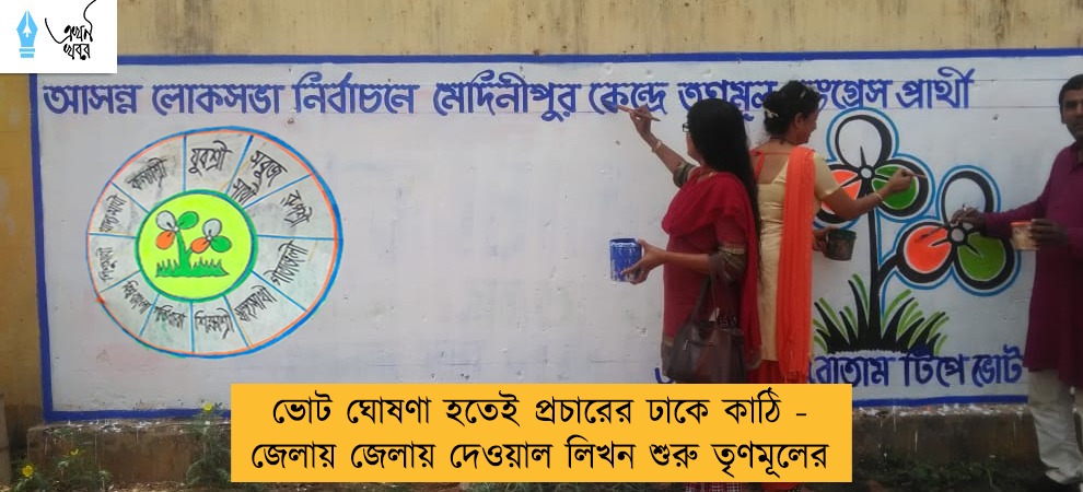 ভোট ঘোষণা হতেই প্রচারের ঢাকে কাঠি - জেলায় জেলায় দেওয়াল লিখন শুরু তৃণমূলের