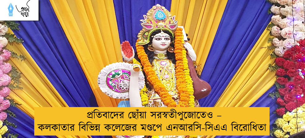 প্রতিবাদের ছোঁয়া সরস্বতীপুজোতেও – কলকাতার বিভিন্ন কলেজের মণ্ডপে এনআরসি-সিএএ বিরোধিতা
