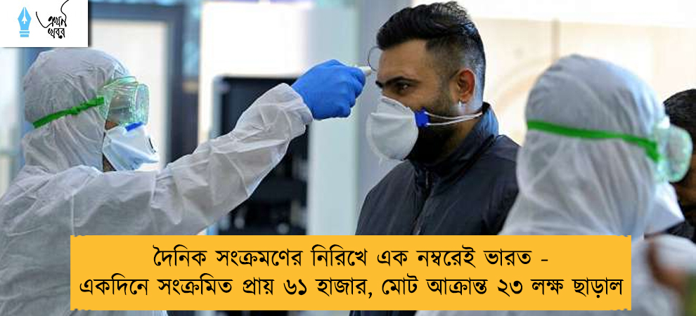 দৈনিক সংক্রমণের নিরিখে এক নম্বরেই ভারত - একদিনে সংক্রমিত প্রায় ৬১ হাজার, মোট আক্রান্ত ২৩ লক্ষ ছাড়াল