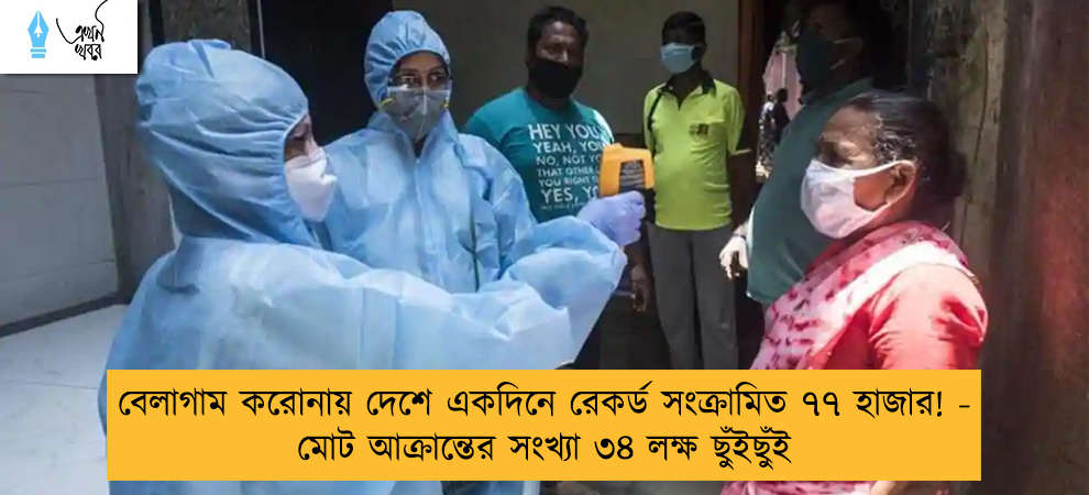 বেলাগাম করোনায় দেশে একদিনে রেকর্ড সংক্রামিত ৭৭ হাজার! - মোট আক্রান্তের সংখ্যা ৩৪ লক্ষ ছুঁইছুঁই