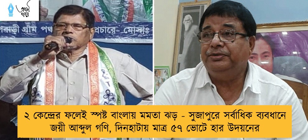 ২ কেন্দ্রের ফলেই স্পষ্ট বাংলায় মমতা ঝড় - সুজাপুরে সর্বাধিক ব্যবধানে জয়ী আব্দুল গণি, দিনহাটায় মাত্র ৫৭ ভোটে হার উদয়নের