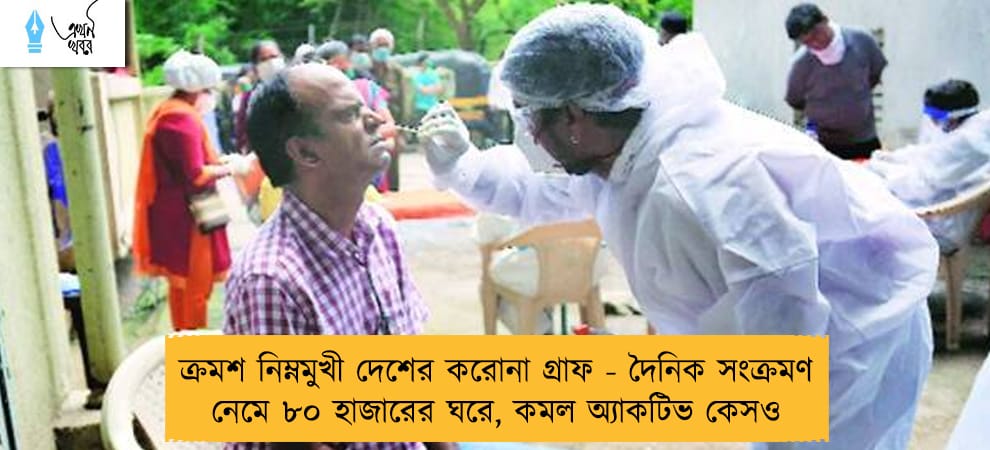 ক্রমশ নিম্নমুখী দেশের করোনা গ্রাফ - দৈনিক সংক্রমণ নেমে ৮০ হাজারের ঘরে, কমল অ্যাকটিভ কেসও