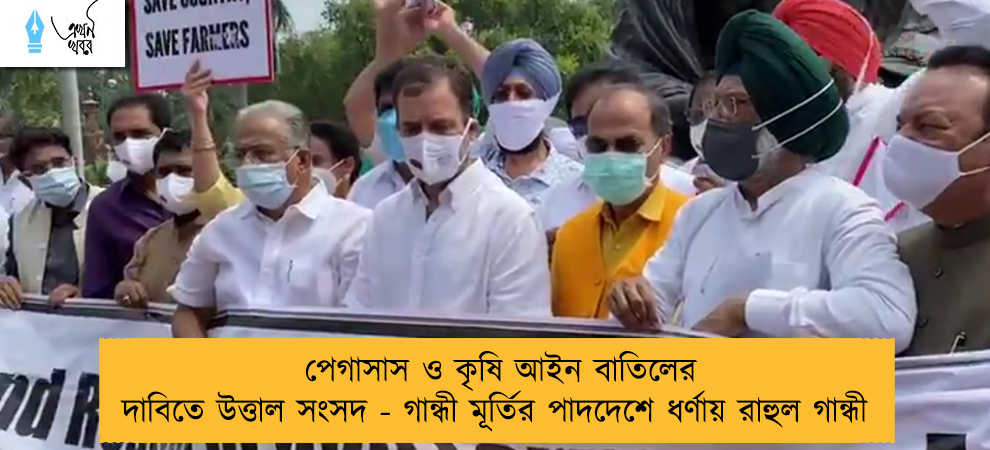 পেগাসাস ও কৃষি আইন বাতিলের দাবিতে উত্তাল সংসদ - গান্ধী মূর্তির পাদদেশে ধর্ণায় রাহুল গান্ধী