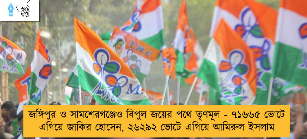 জঙ্গিপুর ও সামশেরগঞ্জেও বিপুল জয়ের পথে তৃণমূল - ৭১৬৬৫ ভোটে এগিয়ে জাকির হোসেন, ২৬২৯২ ভোটে এগিয়ে আমিরুল ইসলাম