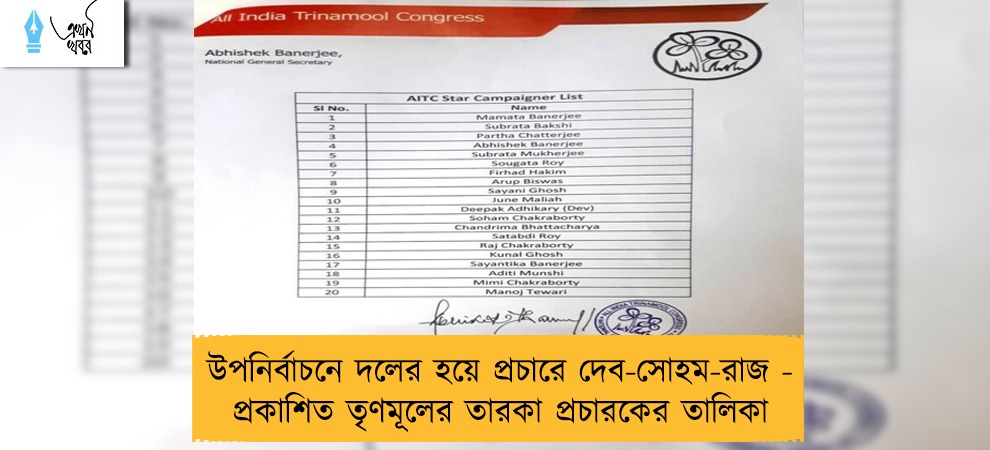 উপনির্বাচনে দলের হয়ে প্রচারে দেব-সোহম-রাজ - প্রকাশিত তৃণমূলের তারকা প্রচারকের তালিকা