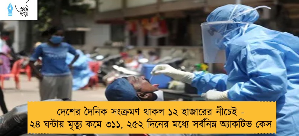দেশের দৈনিক সংক্রমণ থাকল ১২ হাজারের নীচেই - ২৪ ঘন্টায় মৃত্যু কমে ৩১১, ২৫২ দিনের মধ্যে সর্বনিম্ন অ্যাকটিভ কেস