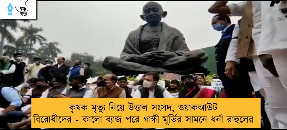 কৃষক মৃত্যু নিয়ে উত্তাল সংসদ, ওয়াকআউট বিরোধীদের - কালো ব্যাজ পরে গান্ধী মূর্তির সামনে ধর্না রাহুলের