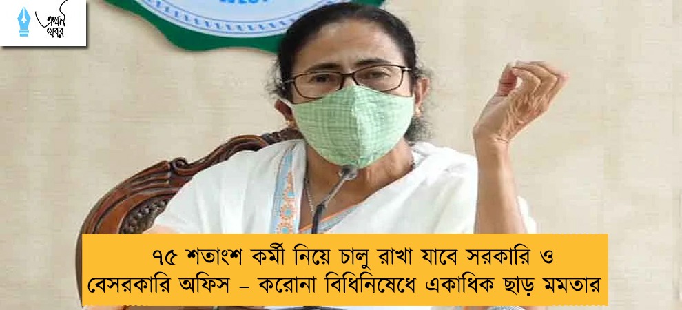 ৭৫ শতাংশ কর্মী নিয়ে চালু রাখা যাবে সরকারি ও বেসরকারি অফিস – করোনা বিধিনিষেধে একাধিক ছাড় মমতার