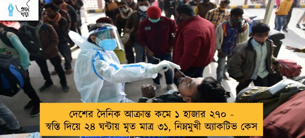 দেশের দৈনিক আক্রান্ত কমে ১ হাজার ২৭০ - স্বস্তি দিয়ে ২৪ ঘন্টায় মৃত মাত্র ৩১, নিম্নমুখী অ্যাকটিভ কেস