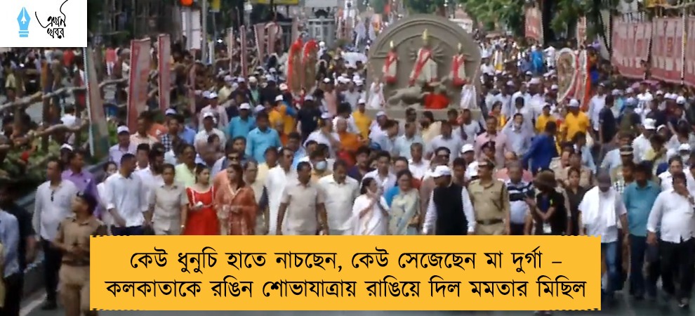 কেউ ধুনুচি হাতে নাচছেন, কেউ সেজেছেন মা দুর্গা – কলকাতাকে রঙিন শোভাযাত্রায় রাঙিয়ে দিল মমতার মিছিল
