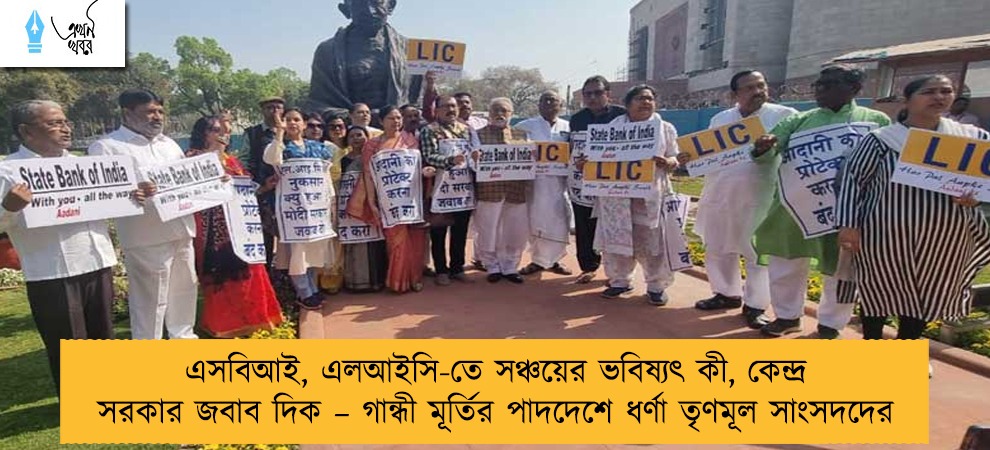 এসবিআই, এলআইসি-তে সঞ্চয়ের ভবিষ্যৎ কী, কেন্দ্র সরকার জবাব দিক – গান্ধী মূর্তির পাদদেশে ধর্ণা তৃণমূল সাংসদদের