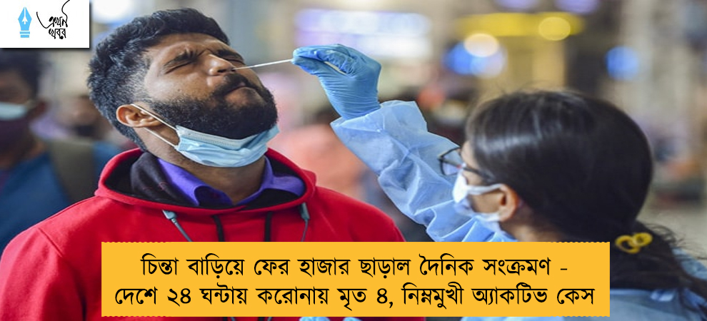 চিন্তা বাড়িয়ে ফের হাজার ছাড়াল দৈনিক সংক্রমণ - দেশে ২৪ ঘন্টায় করোনায় মৃত ৪, নিম্নমুখী অ্যাকটিভ কেস