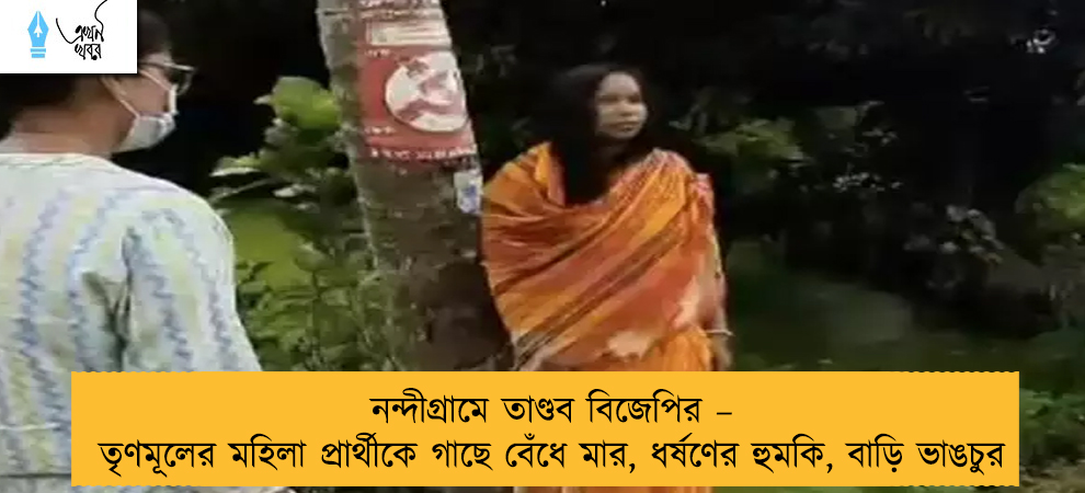নন্দীগ্রামে তাণ্ডব বিজেপির – তৃণমূলের মহিলা প্রার্থীকে গাছে বেঁধে মার, ধর্ষণের হুমকি, বাড়ি ভাঙচুর