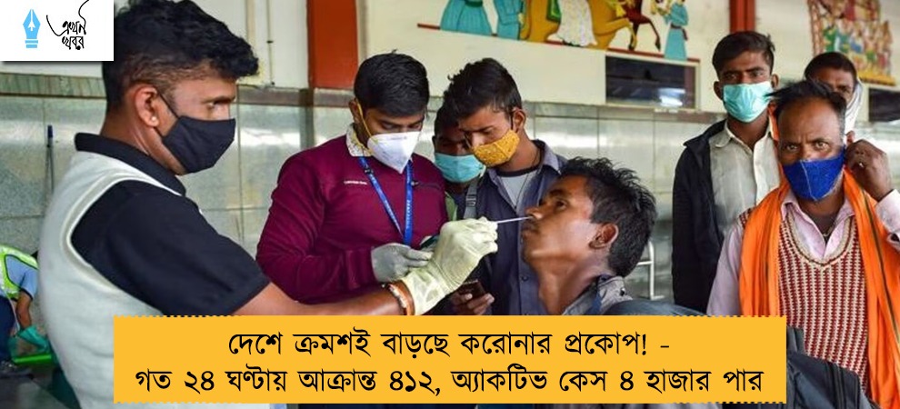 দেশে ক্রমশই বাড়ছে করোনার প্রকোপ! - গত ২৪ ঘণ্টায় আক্রান্ত ৪১২, অ্যাকটিভ কেস ৪ হাজার পার